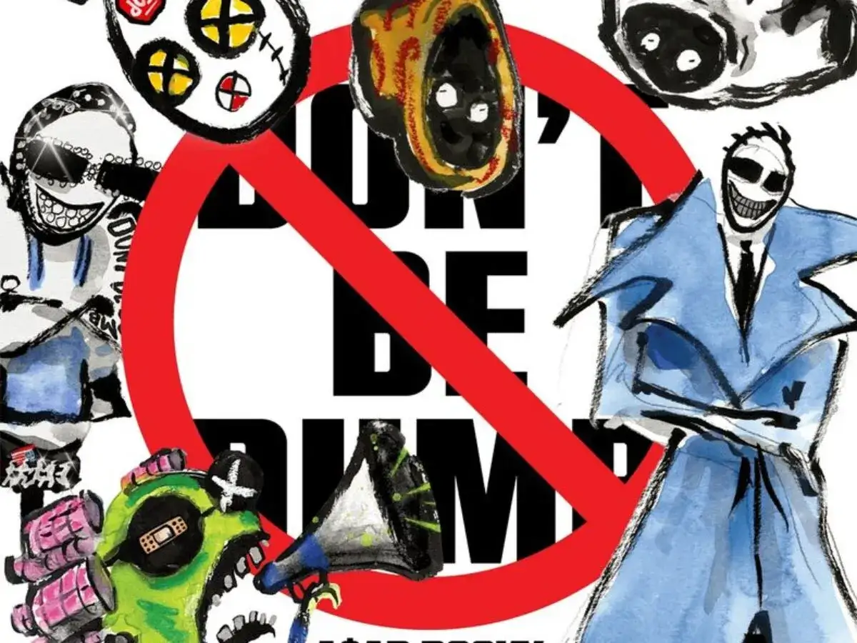 Stylizowana grafika z napisem "DON'T BE DUMB" i postaciami, zapowiadająca asap rocky new album.