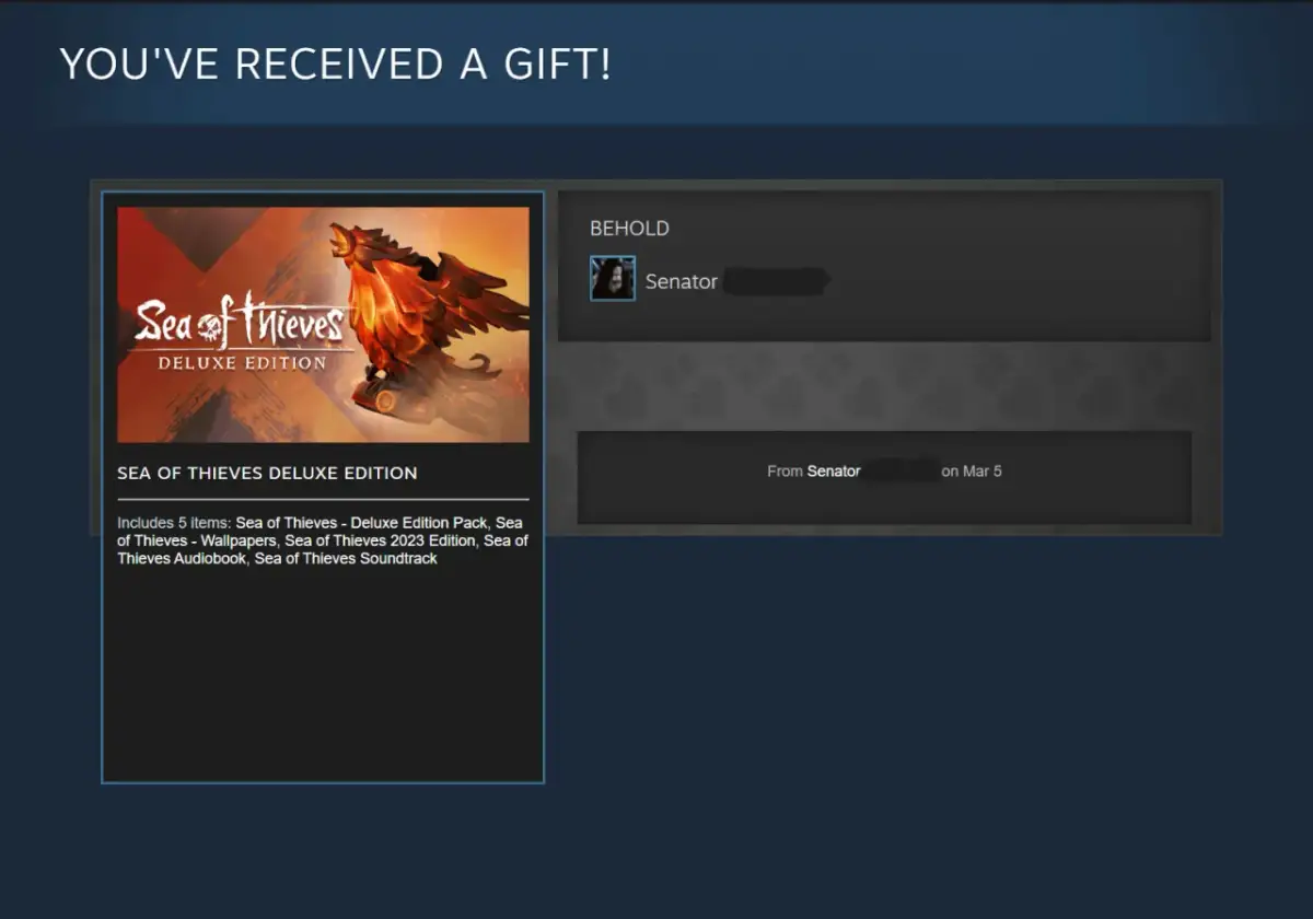 Okno Steam z informacją o otrzymanym prezencie: gra Sea of Thieves Deluxe Edition od Senatora.