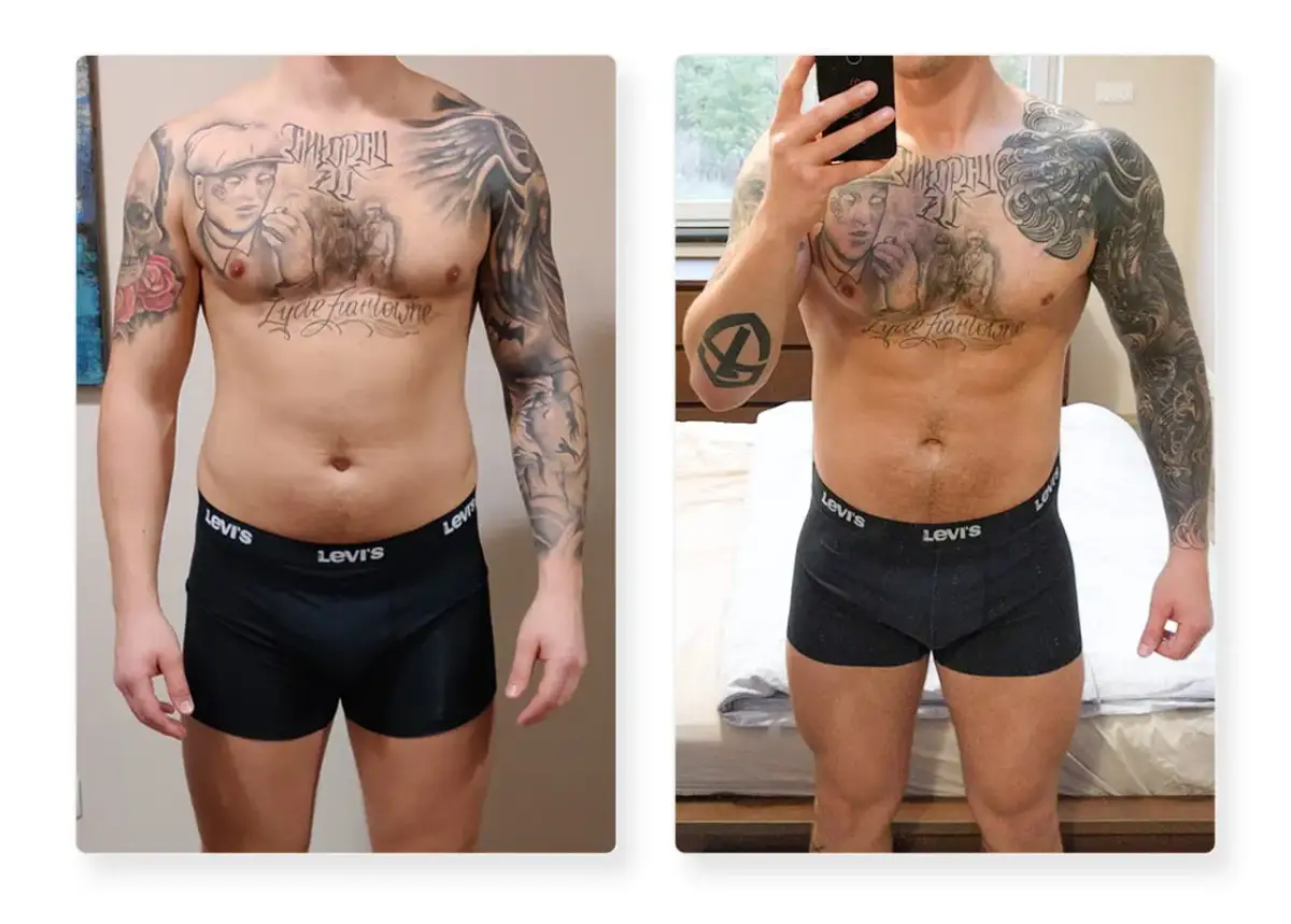 Przed i po: obwody spadają, waga stoi. Mężczyzna w czarnych bokserkach Levi's z tatuażami na torsie i ramionach.