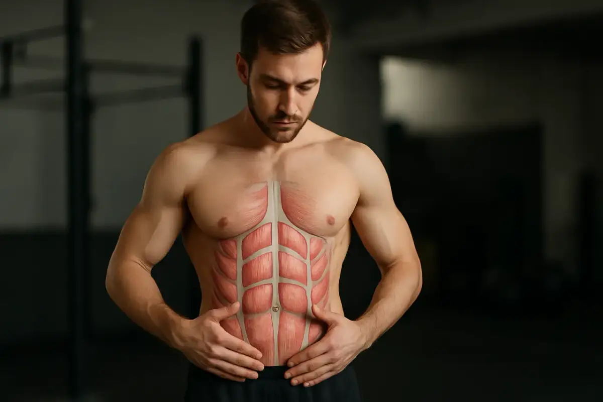 Mięśnie brzucha pracujące przy pływaniu żabką. Widoczny sześciopak i mięśnie skośne.