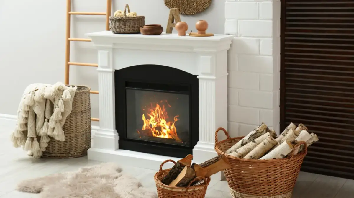 Przytulny kominek z palącym się ogniem. Czy palenie w kominku powoduje smog? W koszach drewno na opał.