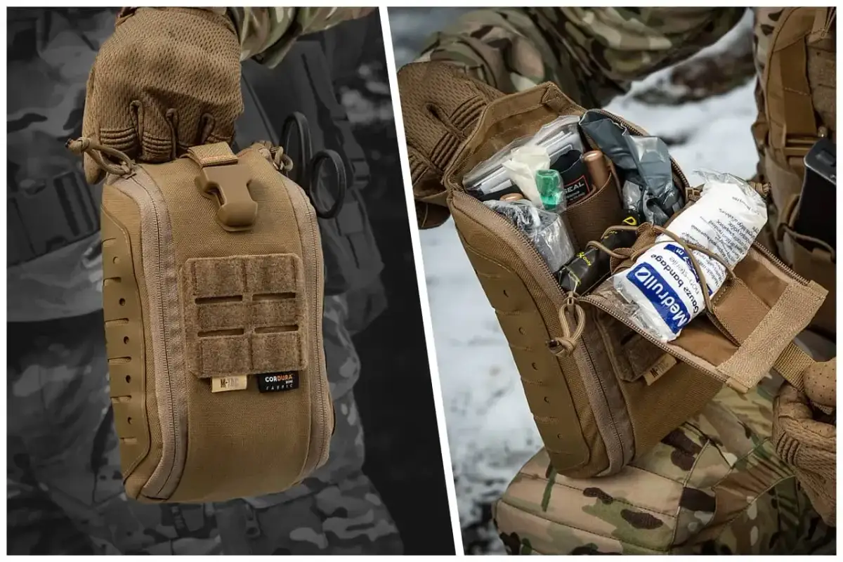 Taktyczna apteczka w kolorze coyote, otwarta, z widocznymi medykamentami i bandażami.