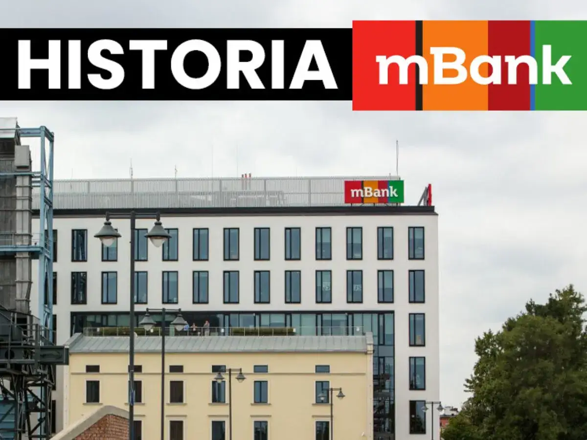 Historia mBanku, banku z kolorowym logo, widoczna na fasadzie budynku.