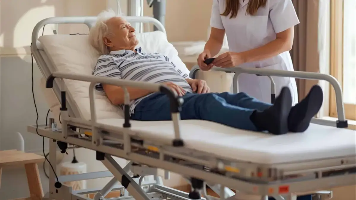 Starszy pan odpoczywa na łóżku rehabilitacyjnym. Dowiedz się, jakie jest dofinansowanie do łóżka rehabilitacyjnego, by zapewnić komfort bliskim.