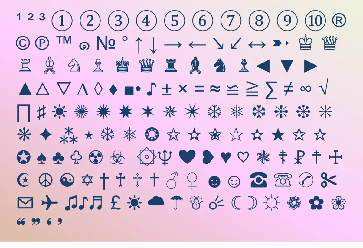 Zbiór symboli matematycznych i graficznych, w tym cyfry, strzałki, figury geometryczne, symbole religijne i inne.