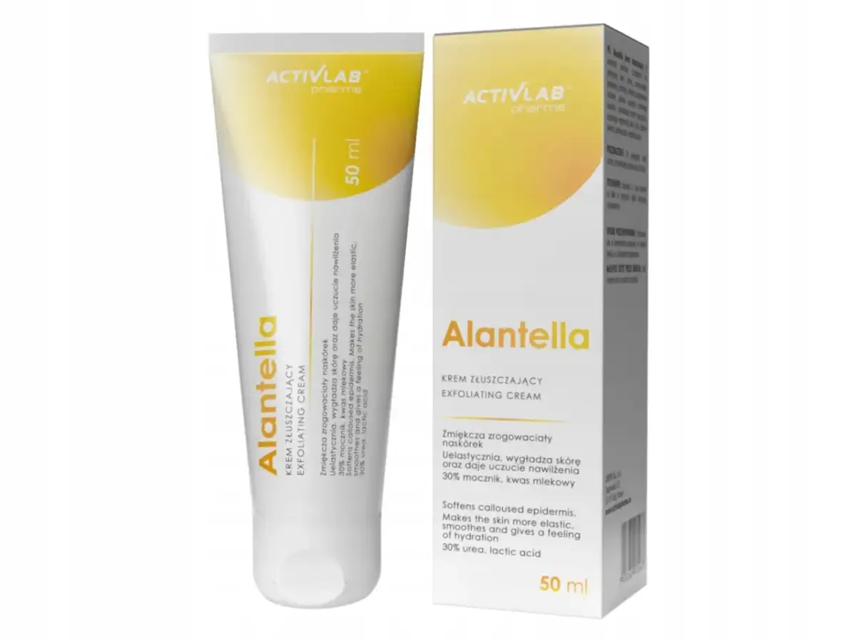 Krem Alantella z 30% mocznika i kwasem mlekowym. Wygładza, uelastycznia i nawilża skórę, co to jest kwas mlekowy i jak działa na naskórek.