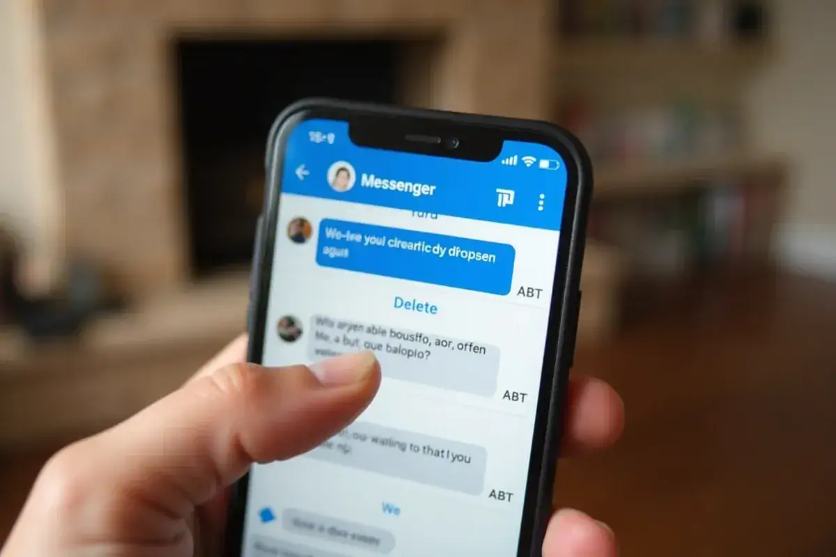 Palec dotyka ekranu telefonu z otwartym Messengerem, gdzie widać opcję "Delete". To może być pierwszy krok, by dowiedzieć się, jak zresetować Messenger.