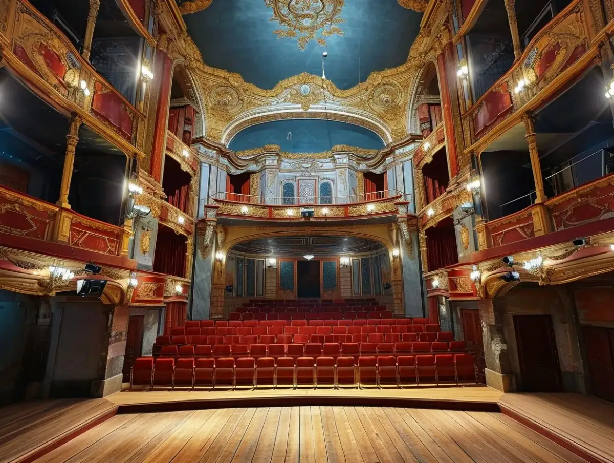 Wnętrze teatru z czerwonymi fotelami i złotymi zdobieniami. Idealne miejsce na wieczorne wyjście na spektakl, na co do teatru w Łodzi.