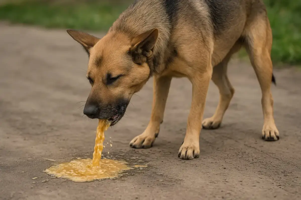 Pies wymiotuje wodą na ziemię. Wygląda na to, że zjadł coś nieodpowiedniego.