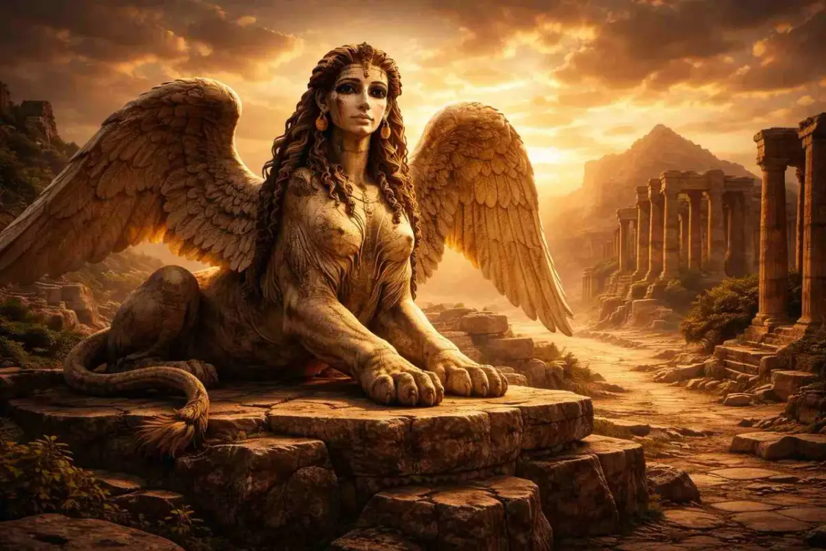 Skrzydlaty sfinks na tle starożytnych ruin. Jego obecność symbolizuje zagadka sfinksa znaczenie, tajemnicę i mądrość.