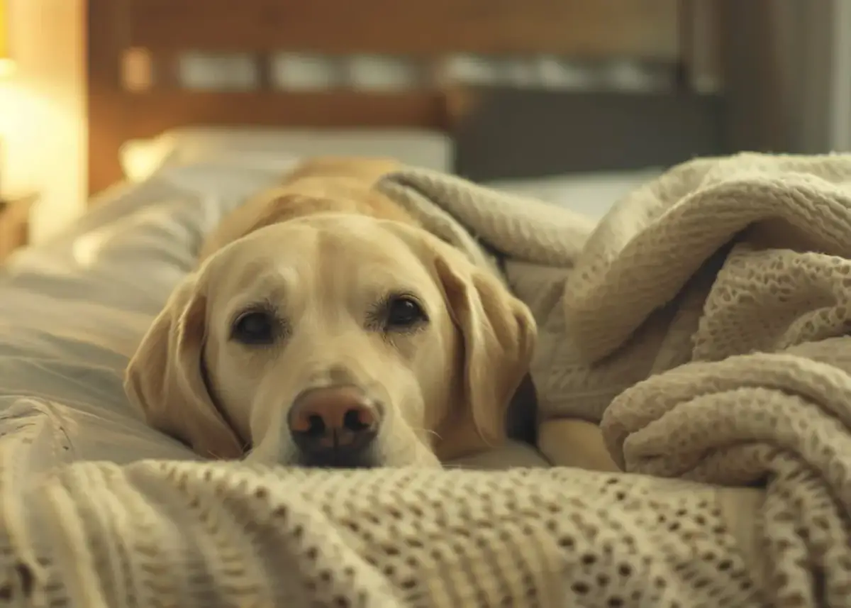 Labrador odpoczywa pod kocem. Zastanawiasz się, ile kosztuje hotel dla psa?