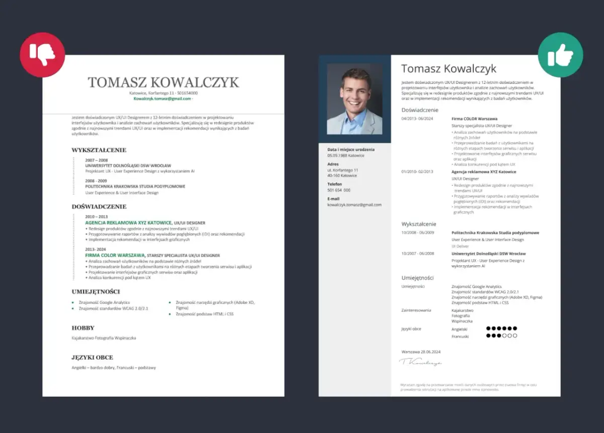 CV Tomasza Kowalczyka, doświadczonego UX/UI Designera. Warto napisać w mailu z CV o jego 12-letnim doświadczeniu i umiejętnościach.