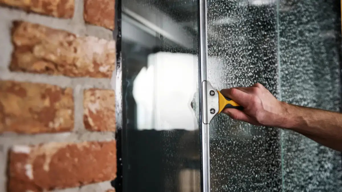 Dłoń z myjką do okien czyści zapienioną szybę. Widać fragment ceglanej ściany. To pokazuje, jak myć okna na wysokości.