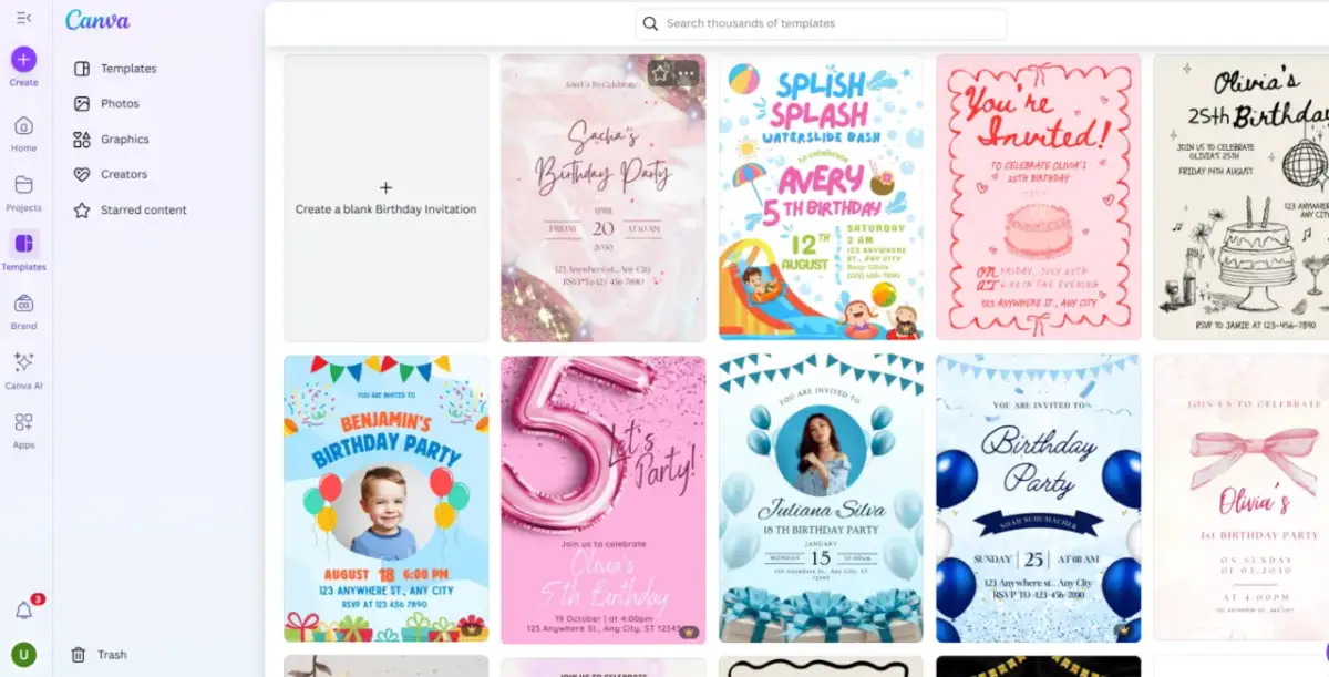 Kolaż z różnymi projektami zaproszeń na urodziny, w tym z motywami wodnymi, tortami i zdjęciami dzieci.