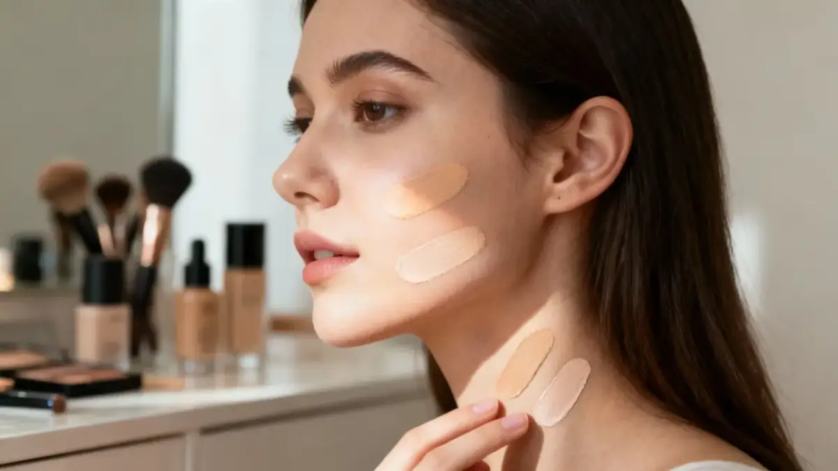 Kobieta testuje odcienie podkładu na twarzy i szyi. Zastanawia się, ile zarabia makijażystka miesięcznie, wybierając idealny kolor.