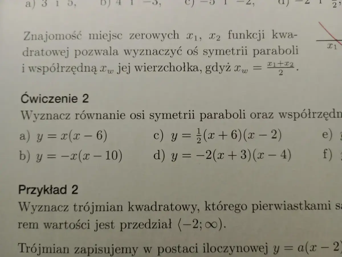 Fragment tekstu matematycznego z równaniami i wykresem paraboli.