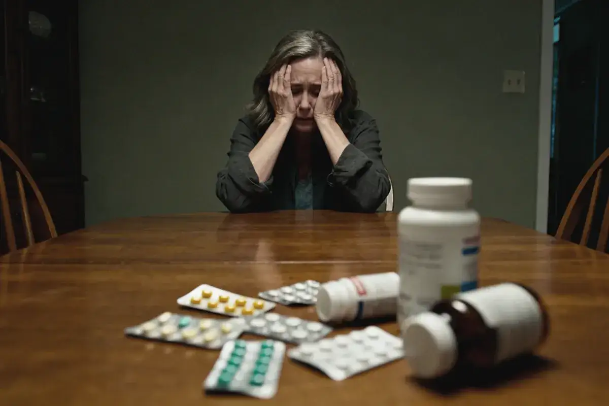 Kobieta z rękami na twarzy siedzi przy stole z lekami.