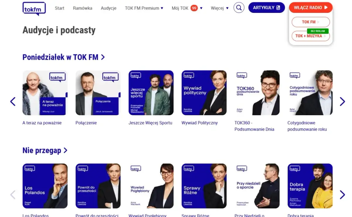 Miniaturki podcastów i audycji radiowych TOK FM, w tym "A teraz na poważnie", "Połączenie", "Jeszcze więcej sportu".