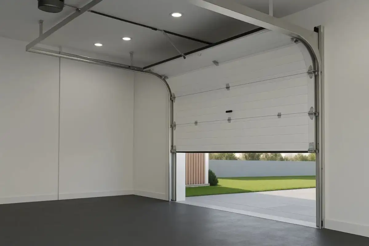 Montaż bramy garażowej w nowoczesnym garażu. Biała, segmentowa brama uchylona, odsłaniająca zielony trawnik i podjazd.