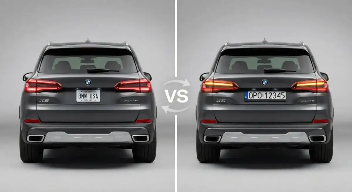 Dwa BMW X5, jedno z tablicą "BMW USA", drugie z polską. Czy BMW jest drogie w utrzymaniu? Porównanie modeli.