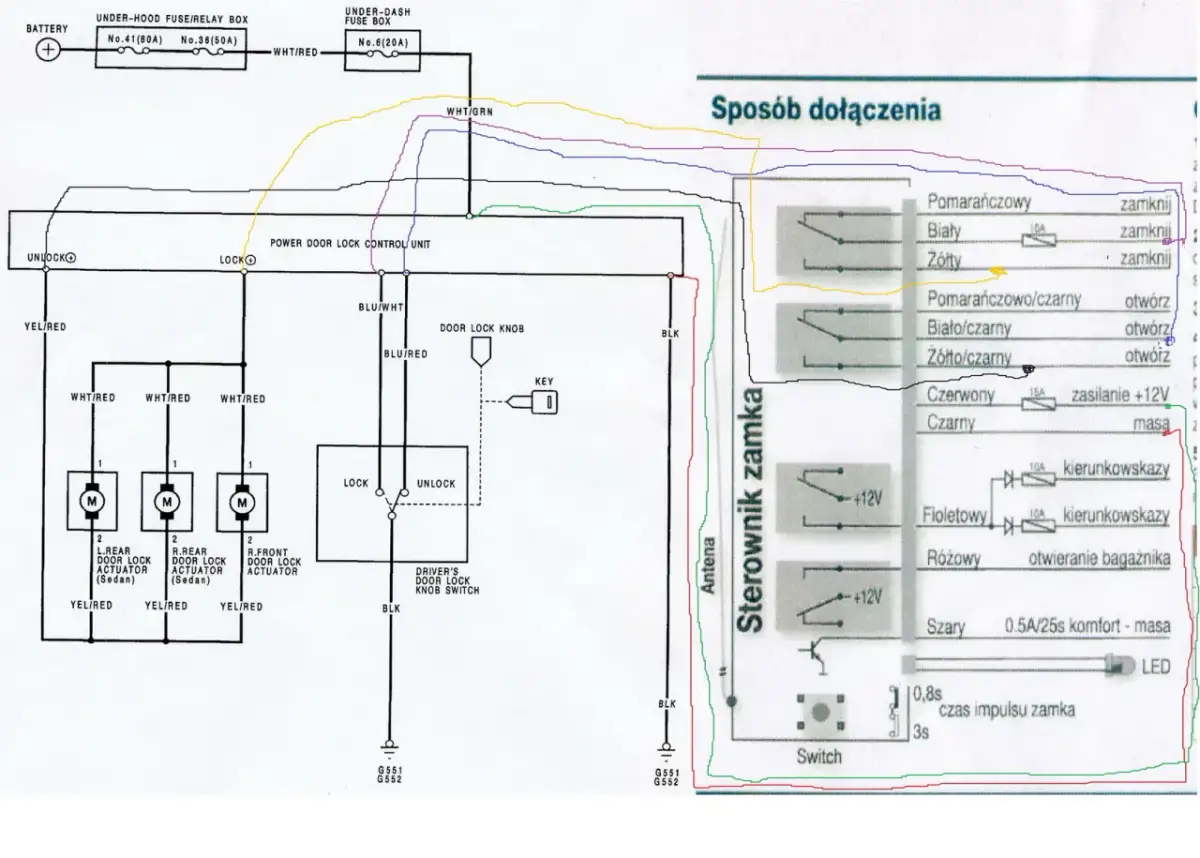 Schemat elektryczny centralnego zamka z zaznaczonymi przewodami i elementami.