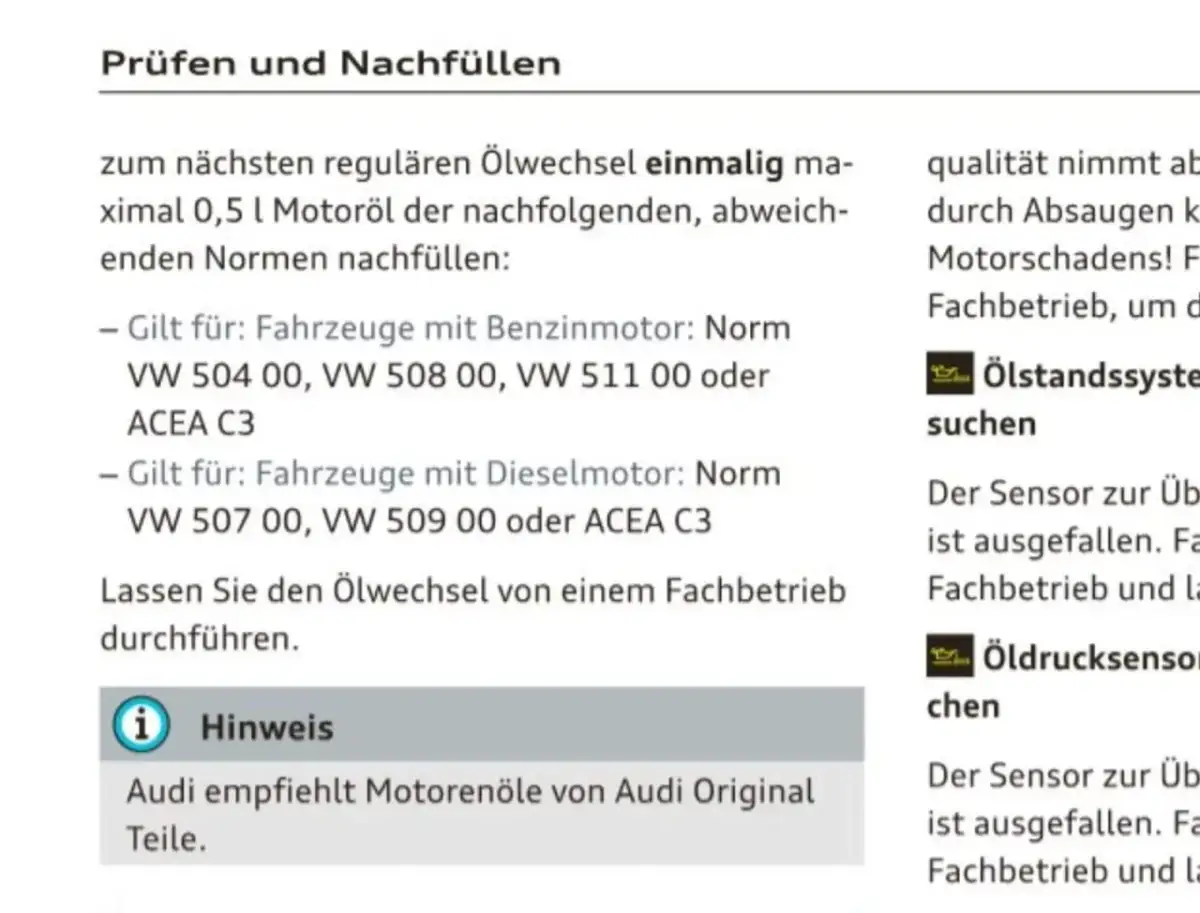 Textauszug mit Informationen zu Motoröl-Normen und Viskositäten für Audi A3.
