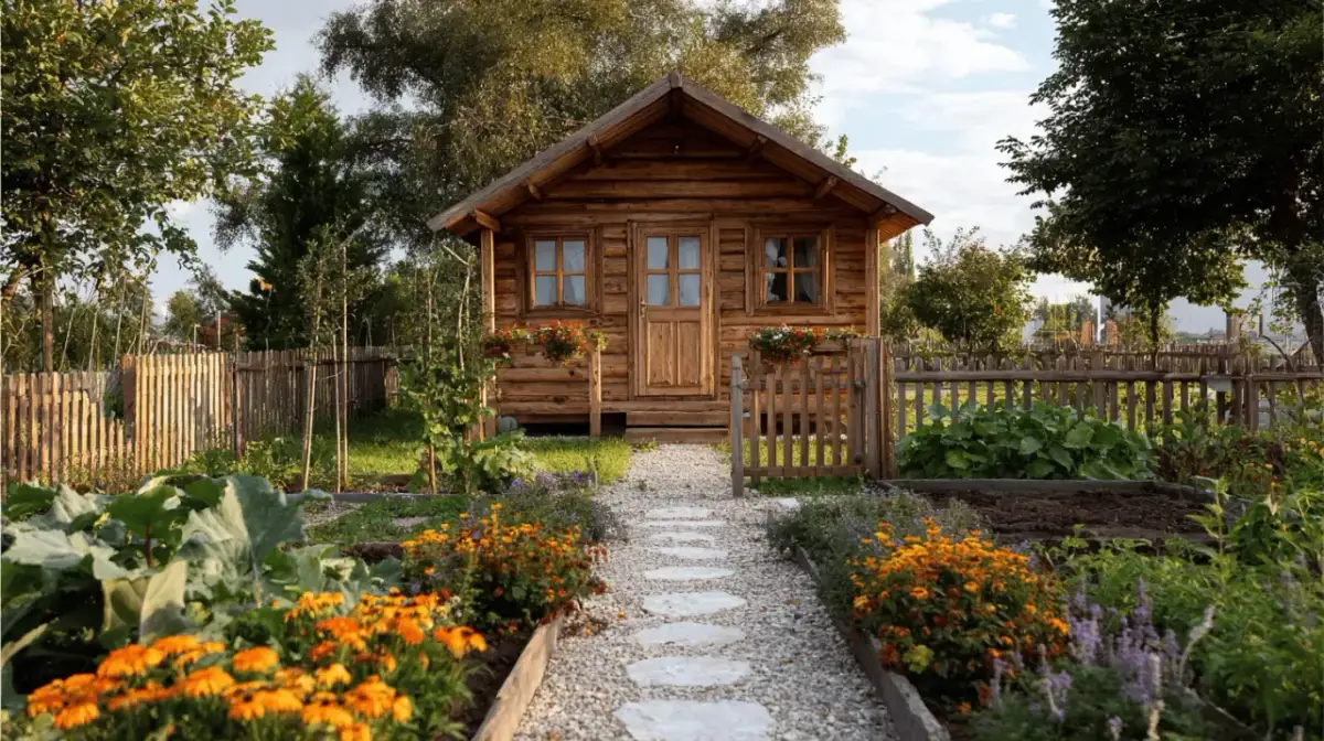 Uroczy domek na działkę ROD otoczony kwitnącym ogrodem. Kamienna ścieżka prowadzi do drewnianych drzwi, a wokół pachnące kwiaty i zielone warzywa.