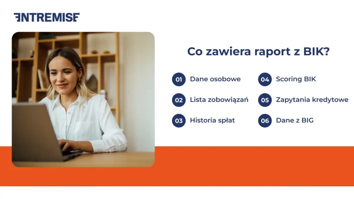 Kobieta pracuje przy laptopie, a obok lista punktów: "Jak sprawdzić historię BIK", dane osobowe, scoring BIK, zapytania kredytowe.