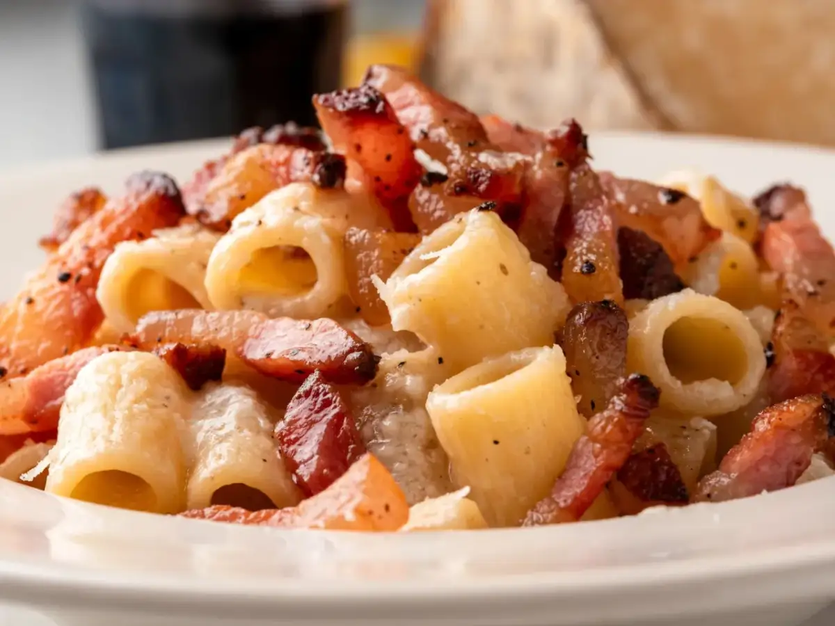 Pyszny makaron z boczkiem, posypany pieprzem, na białym talerzu.