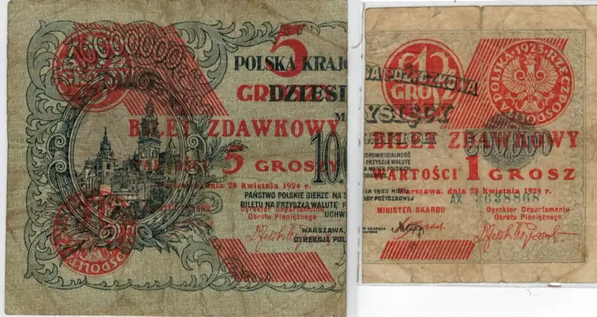 Banknoty z 1924 roku, przedstawiające grosze, były walutą w Polsce przed złotym.