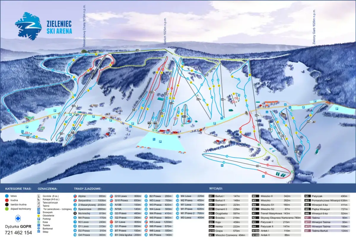 Mapa ośrodka Zieleniec Ski Arena z trasami narciarskimi, wyciągami i infrastrukturą. Idealne zieleniec warunki narciarskie dla każdego.