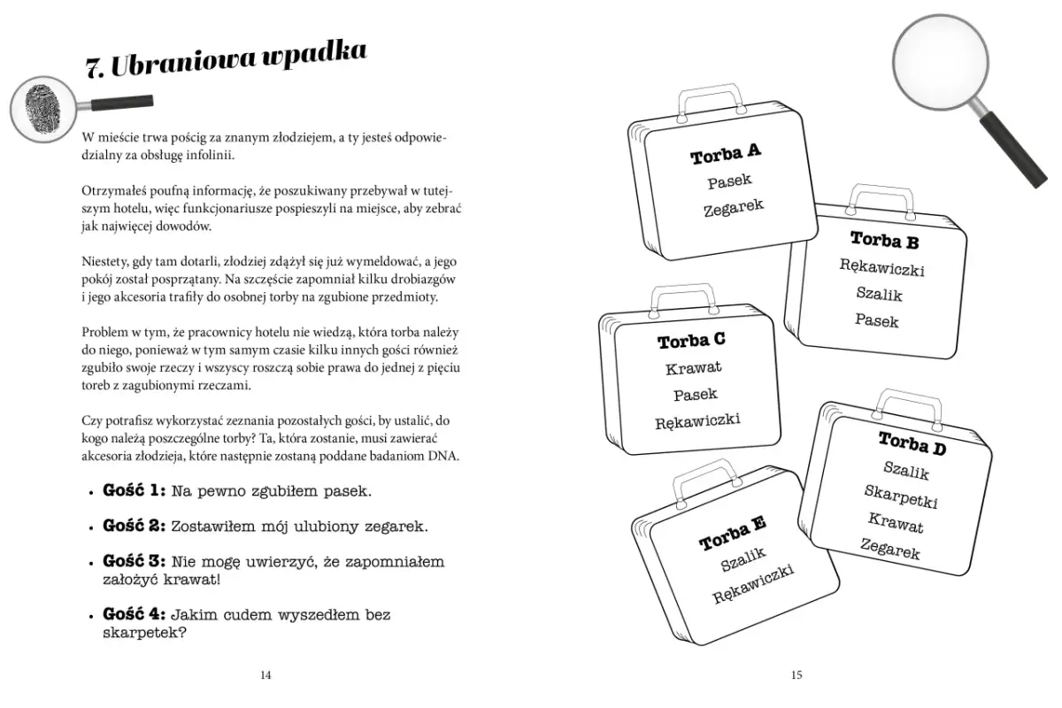 Rozwiąż zagadkę o szafie i zidentyfikuj, które przedmioty należą do złodzieja, analizując zawartość pięciu toreb.
