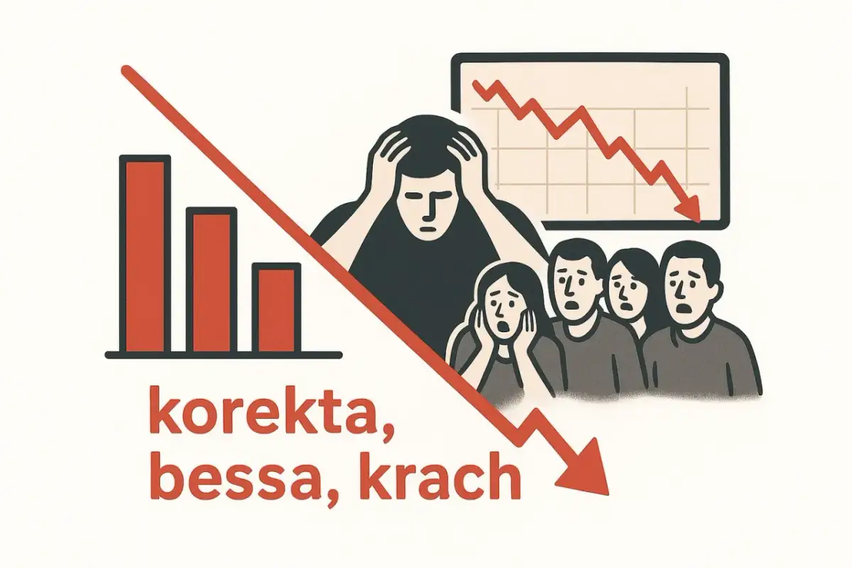 Zestresowani ludzie patrzą na wykresy z opadającymi słupkami i linią. To symboliczny obraz krachu na giełdzie i bessy.