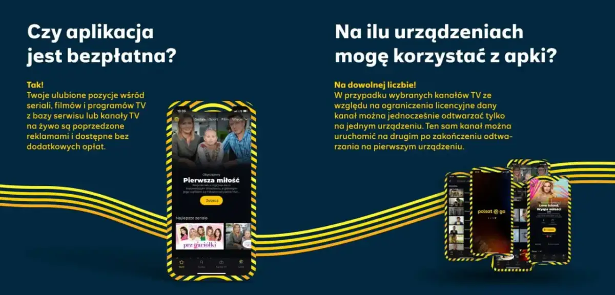 Grafika przedstawia ekran telefonu z aplikacją Polsat Go, na którym widać okładki seriali i filmów.