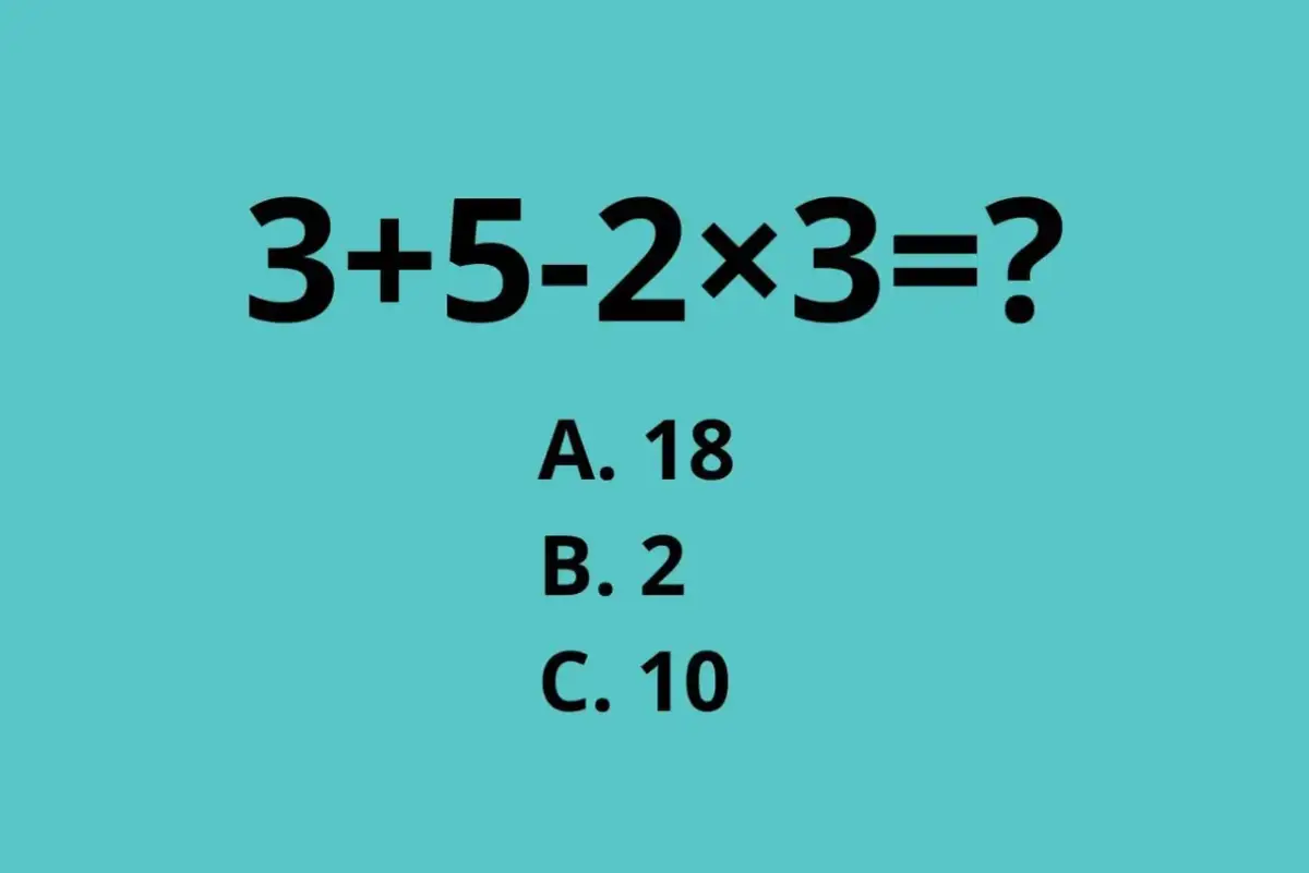 Zagadka o czasie: 3+5-2×3=? Wybierz poprawną odpowiedź: A. 18, B. 2, C. 10.