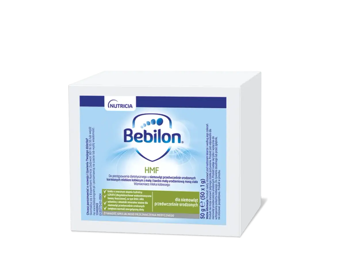 Bebilon HMF, wzmacniacz mleka kobiecego dla niemowląt. Produkt w proszku.
