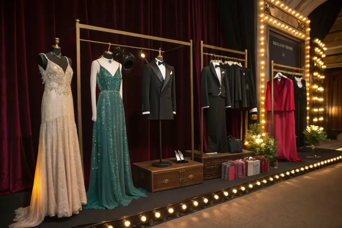 Eleganckie suknie i smokingi na manekinach. Inspiracja, co założyć do teatru, by wyglądać olśniewająco.