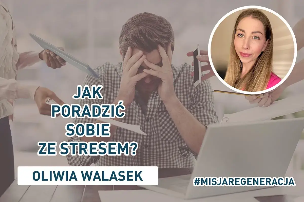 Oliwia Walasek podpowiada, jak sobie radzić ze stresem w pracy. Mężczyzna przytłoczony obowiązkami, otoczony dokumentami i telefonami.