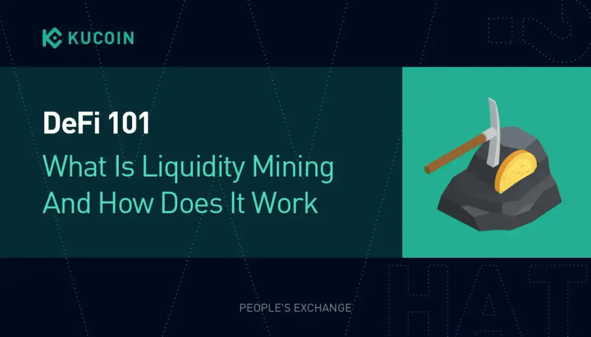DeFi 101: Co to liquidity mining? Grafika przedstawia kilof wydobywający złoty token z bryły węgla, symbolizując zyski z dostarczania płynności.