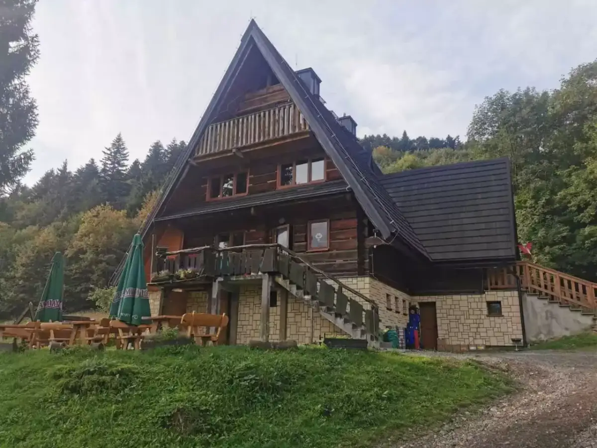 Drewniana bacówka z tarasem i schodami, otoczona zielenią i lasem.