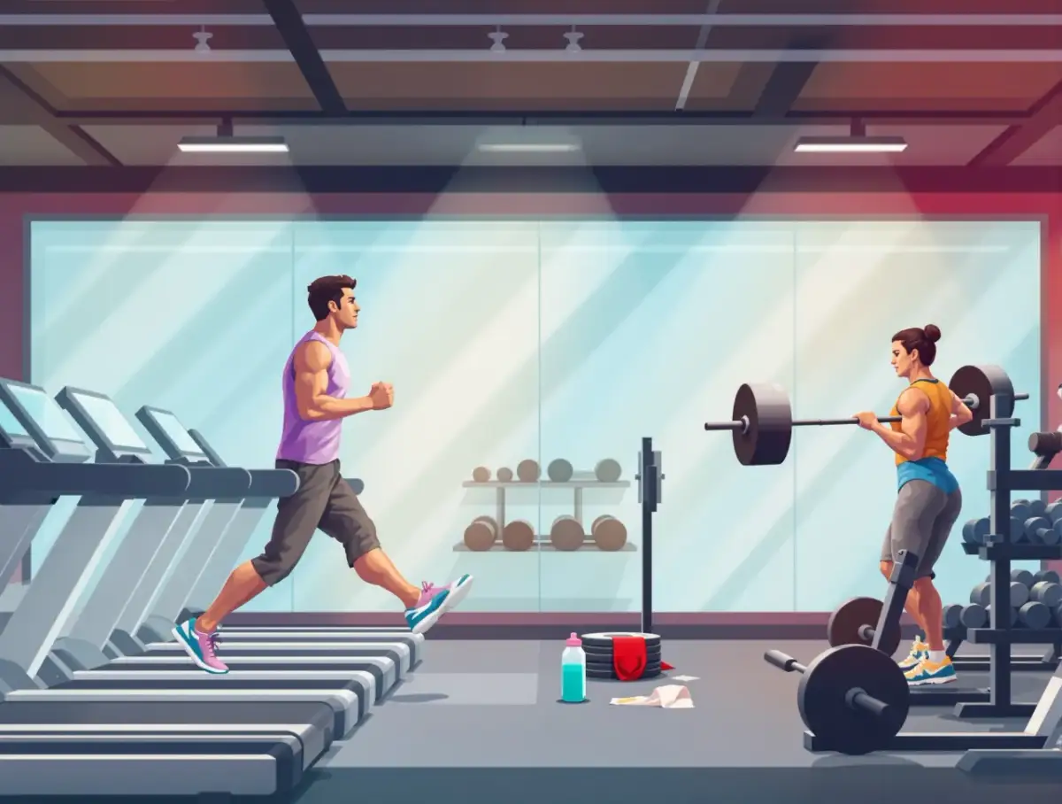 Mężczyzna biegnie na bieżni, kobieta podnosi sztangę. Dylemat: najpierw trening siłowy czy cardio?