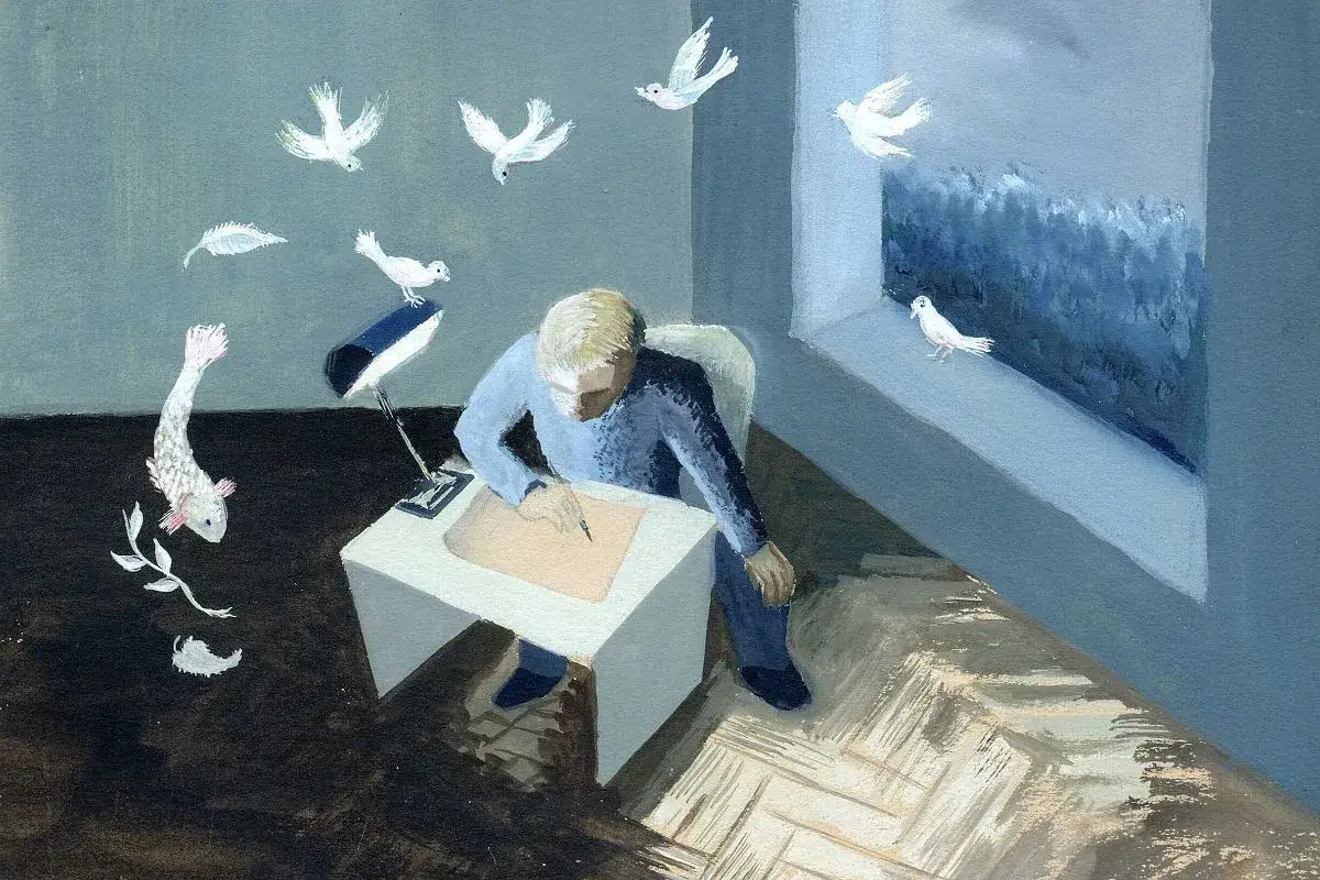 Mężczyzna przy biurku, otoczony przez latające ptaki i rybę. Ten czas Baczyński to chwila twórczej zadumy.