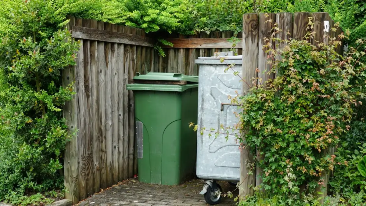 Zielony i metalowy kosz na śmieci ukryte za drewnianym płotem i bujną roślinnością. Świetny pomysł, jak ukryć kubły na śmieci w ogrodzie.