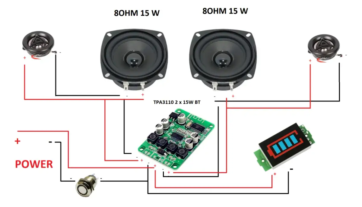 Schemat połączeń do zrobienia głośniki bluetooth: moduł TPA3110, głośniki 8Ohm 15W, przycisk i wskaźnik baterii.