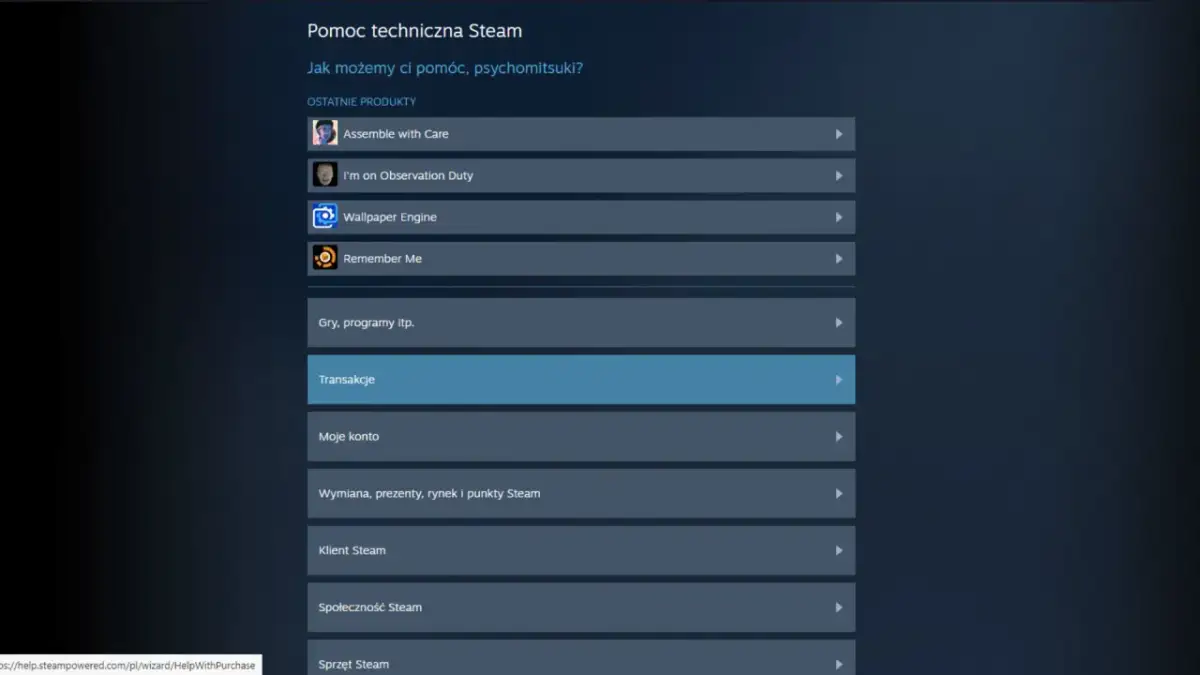 Ekran pomocy technicznej Steam z listą opcji, w tym "Transakcje" podświetlone na niebiesko.