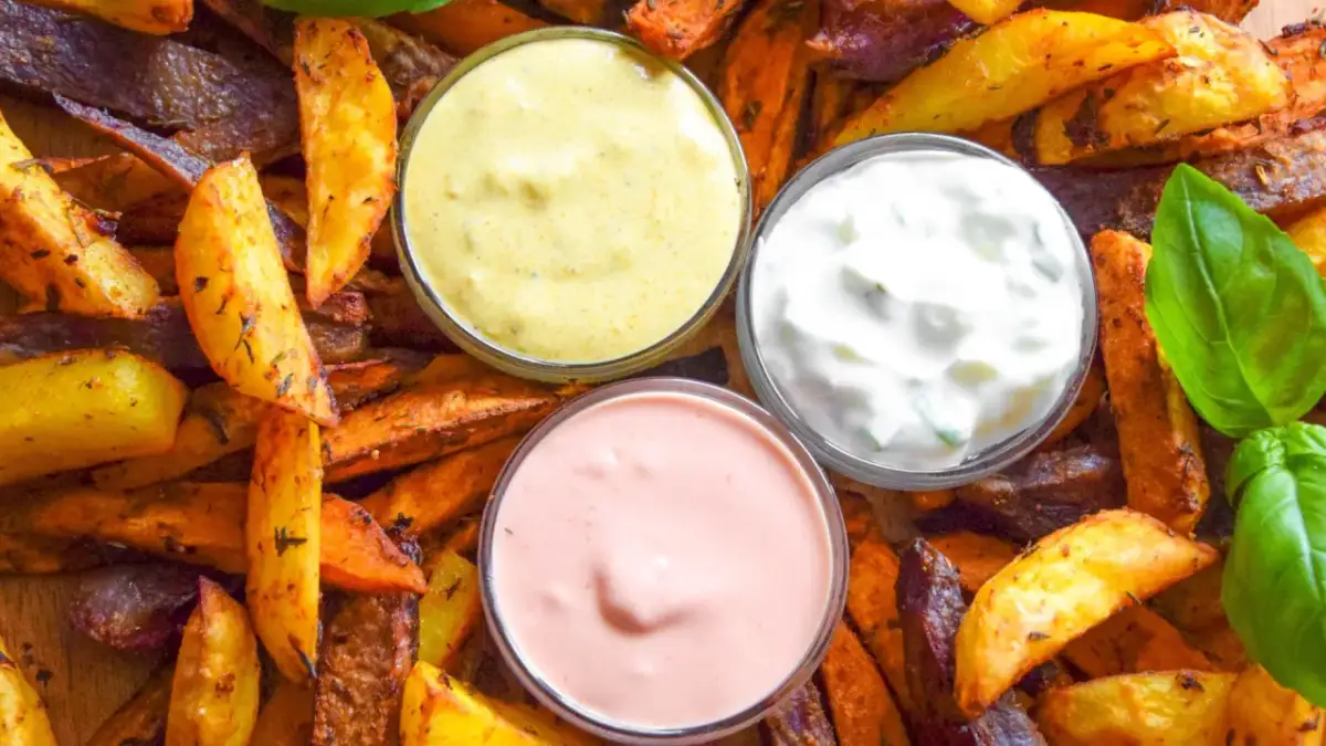 Frytki z batatów i ziemniaków z trzema sosami: żółtym, białym i różowym. Jaki sos do frytek z batatów wybrać?