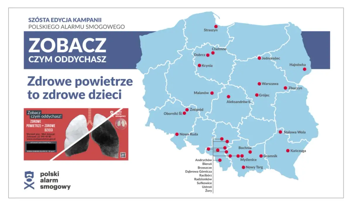 Mapa Polski z zaznaczonymi miastami, gdzie jest smog. Kampania "Polski Alarm Smogowy" pokazuje, gdzie oddychamy zanieczyszczonym powietrzem.