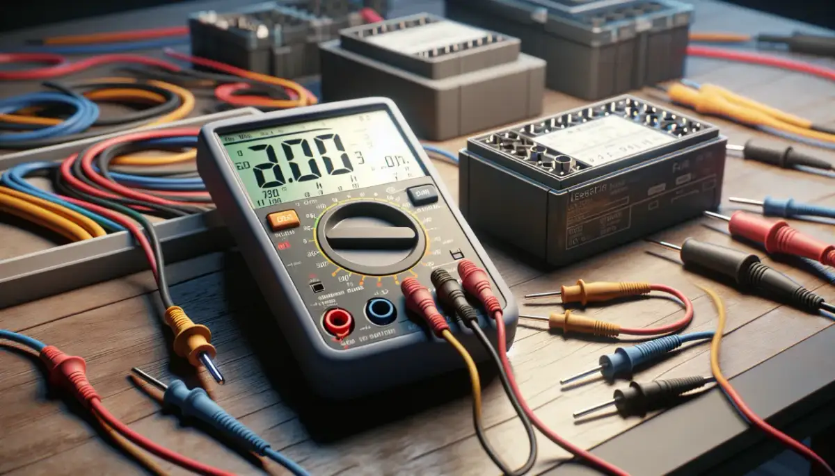 Multimetr pokazuje 3.00V. Widać przewody i elementy elektroniczne, jak wygląda włączony bezpiecznik.