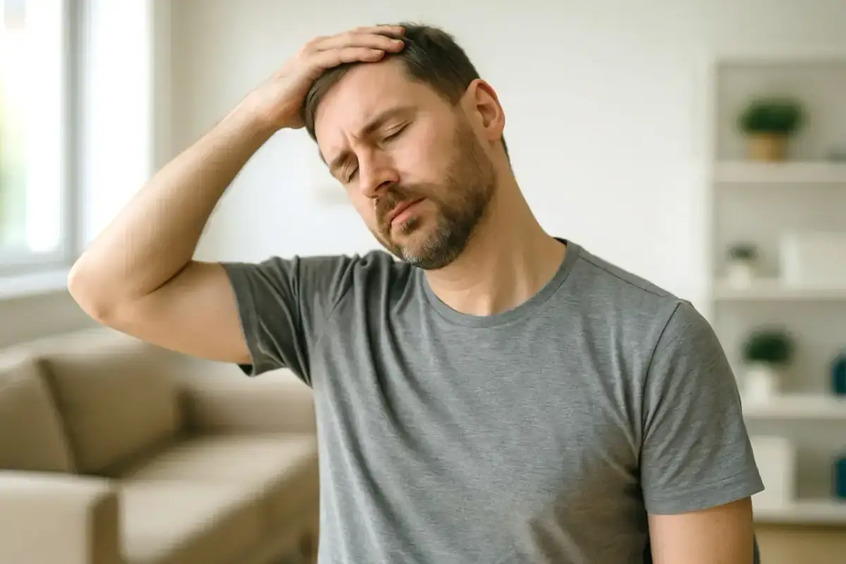 Mężczyzna z bólem szyi, zastanawiający się, jakich ćwiczeń unikać przy dyskopatii szyjnej.