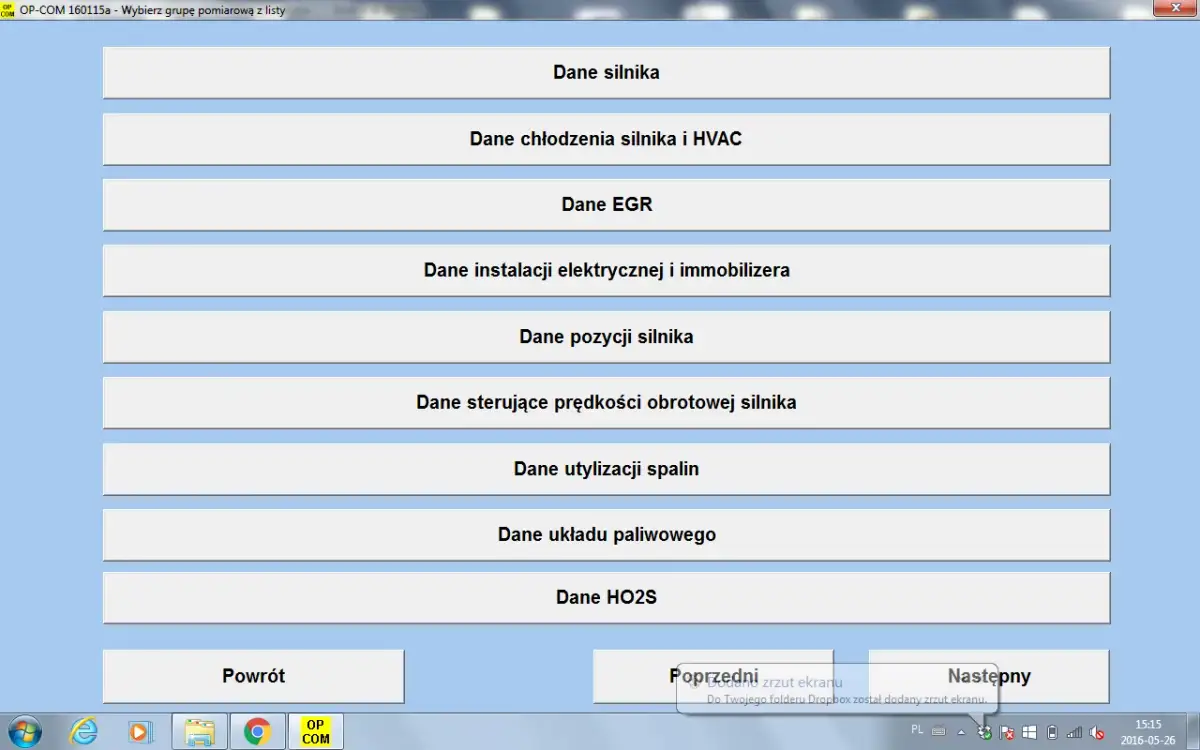 Ekran programu OP-COM do diagnostyki Opla, wyświetla listę grup pomiarowych: dane silnika, chłodzenia, EGR, instalacji elektrycznej, pozycji silnika, prędkości obrotowej, utylizacji spalin, układu paliwowego i HO2S.